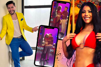 Capturas del momento en que Nathalie Carvajal le roba un beso al presentador Jorge Heredia.