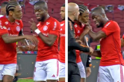 Enner Valecia (d) discutió con su compañero Luiz Adriano, tras el empate entre el Inter de Porto Alegre y Corinthians.