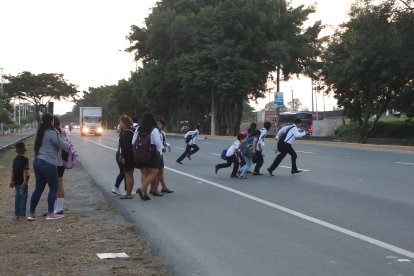 Los menores de edad cruzan incluso esquivando los vehículos, mientras avanzan hacia el parterre central.