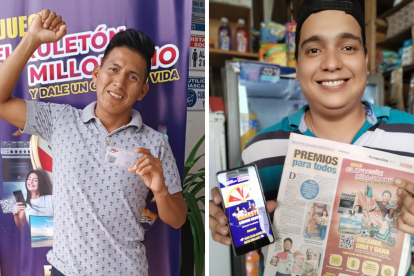 En el cantón Pichincha, Gabriel Zambrano (izquierda) muestra felizote la ruleta que le dio la suerte de llevarse $ 20 en orden de compras. Néstor Coro Chicaiza, de Paraíso de la Flor de Guayaquil, ganó una orden de 60 dólares en ropa.