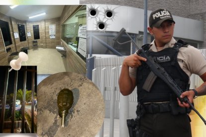 Una unidad móvil de la Policía y cuatro uniformados resguardan la seguridad en la empresa donde dejaron una granada.