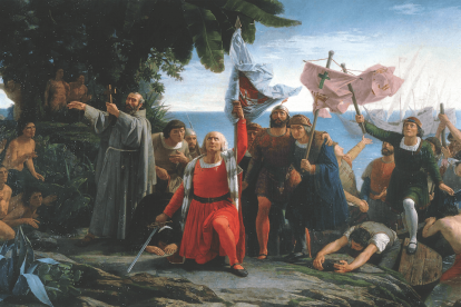 Ilustración de la llegada de Cristóbal Colón a América.