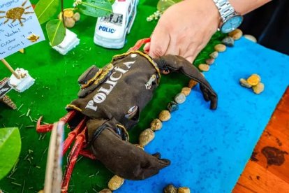Un cangrejo fue disfrazado de policía para ganar un concurso.