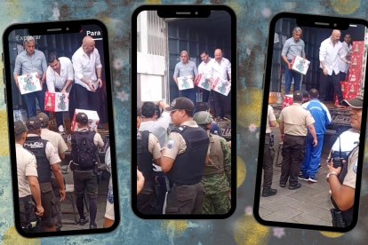 José PIleggi, Antonio Álvarez y Miguel Ángel Loor, gente de fútbol entregando canastas de comida a la polícia y militares.