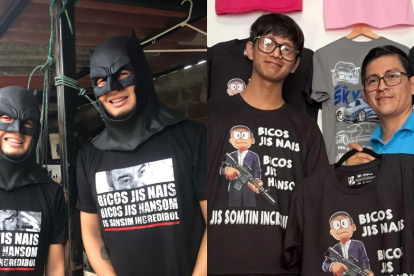1. Batman Guayaco comercializó su camiseta con un montaje de sí mismo. 2. Carlos Morales y su empleado luciendo la camiseta de 'bicos jis nais'.