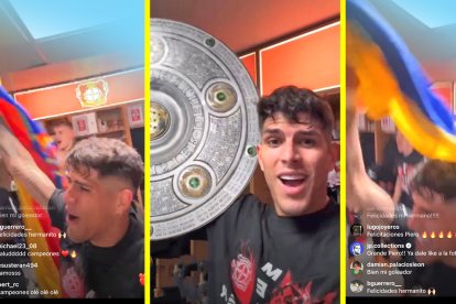 Piero Hincapié y su bandera en pleno camerino, una celebración muy ecuatoriana.