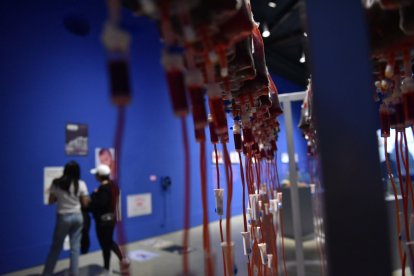 Luis R. Herra ha utilizado decenas de bolsas llenas de líquido rojo para su obra, haciendo referencia a las transfusiones sanguíneas.