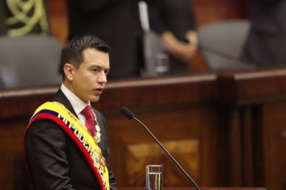 Daniel Noboa, Presidente de Ecuador durante su intervención en el informe a la nación del 2024.