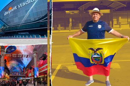 Fernando Gato Álvarez, y su bandera en el Allegiant Stadium de Las Vegas