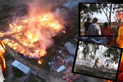 Laura Vera, Magdalena Quimí y Jenny Carranza observan cómo quedó la fábrica de madera consumida por el fuego.