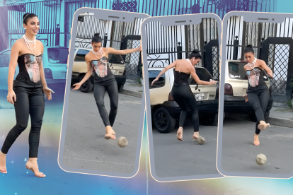 Virginia Limongi jugando fútbol en tacones.