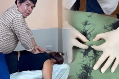 El doctor Bayro, trepado de forma curiosa sobre una de sus pacientes.