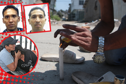 Familiares de Édison Tubay, asesinado por negarse a pagar la ‘vacuna’, lloraban desconsolados. Conocido de las víctimas de la noche del sábado en Paraíso de la Flor enciende una vela en el sitio del suceso.