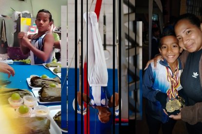 Dylan Salguero y su mamita Adela Molina en su misión para obtener el dinero para viajar.