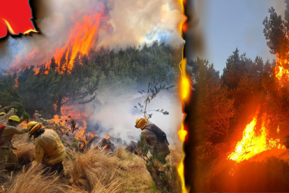 Bomberos de tres cantones de Cotopaxi apoyan EN las labores de aplacar el incendio forestal en las faldas del volcán.