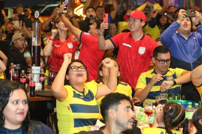 Hinchas celebran los goles de Ecuador.