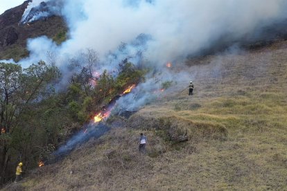 Bomberos, autoridades y comuneros trabajan incansablemente para controlar el fuego.