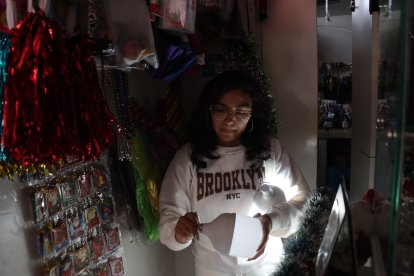 Allison compró focos recargables para trabajar cuando se va la luz eléctrica.