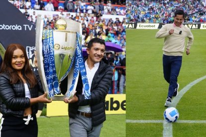 Medallditas de Oro: Neisi Dajomes y Richard Carapaz, con el trofeo de LigaPro y Jefferson Pérez con la pelota de la final.