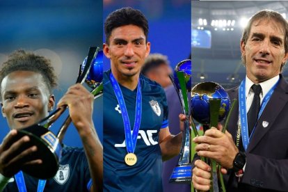 Ándrés Micolta, Ángel Mena y Guillermo Almada, en la final de la Intercontinental con el Pachuca.