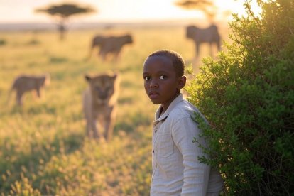 Ilustración sobre el niño que pudo sobrevivir a 5 días en un lugar lleno de leones.