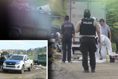 Policías retiraban los sacos que contenían las piezas anatómicas. Fueron encontrados tanto dentro como fuera del contenedor.