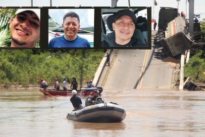 Casi toda la estructura del puente se hundió en el río Daule, mientras que un camión quedó atascado en un extremo. Ayer, personal de la Policía y el Cuerpo de Bomberos seguía con la búsqueda.
