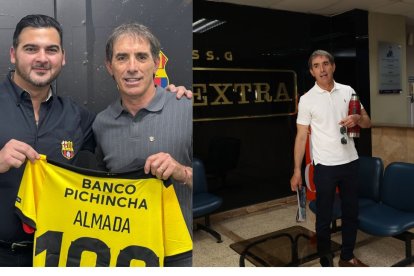 Guillermo Almada junto a Antonio Álvarez presidente de Barcelona. Se dio tiempo para visitar EXTRA.