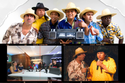 El elenco se reunió en una oficina para hacer la transmisión.