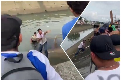 El hombre fue extraído desde la zanja con una soga.