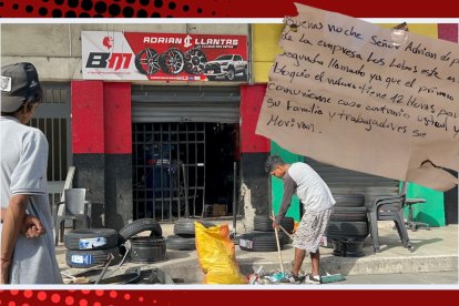 En este local de llantas, ayer lanzaron un artefacto explosivo y dejaron un pedazo de papel con una amenaza escrita a mano.