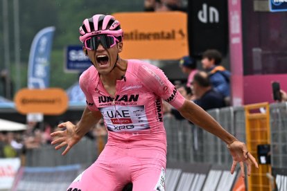 Isaac Del Toro Romero, ciclista del UAE Team Emirates celebra desafiante un liderato que se niega aflojar en el Giro de Italia.