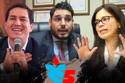 De izquierda a derecha: Andrés Arauz, excandidato presidencial y secretario general de RC5, Raúl González, Exsuperintendente de Bancos y Esther Cuesta, exasambleísta de la Revolución Ciudadana.