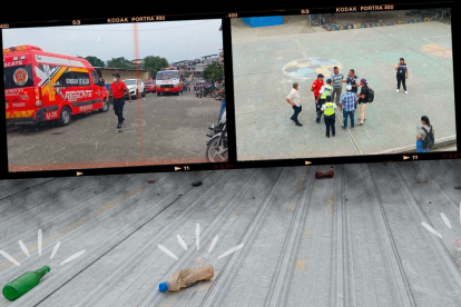 Bomberos de Balzar tomaban del techo de la unidad educativa indicios entre botellas y piedras.