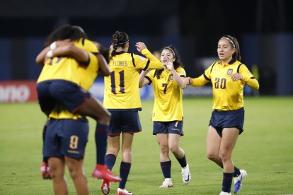 La celebración de las jugadoras de Ecuador tras conseguir el gol del empate.