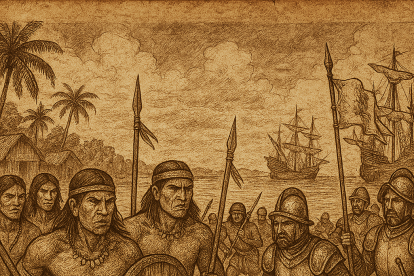 Ilustración de los constantes enfrentamientos que los pueblos originarios del Guayas tenían con los españoles.