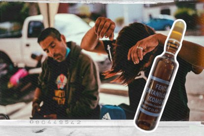 Dos personas bajo los efectos del fentanilo en Tijuana, México, evidencian un estado de desconexión y rigidez corporal.