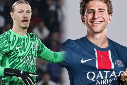 El portero ruso Matvéi Safónov y el defensa croata Illia Zabarnyi, ambos del PSG.
