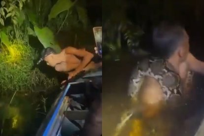 El joven pescador fue sorprendido por la enorme anaconda mientras buscaba un pez.
