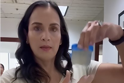 La ministra Inés Manzano con la muestra de agua que le llevó al alcalde de Guayaquil, Aquiles Álvarez.