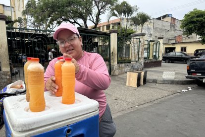 Estefanía, para promocionar los jugos, ubica las botellas encima de su hielera.