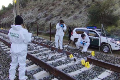 pertos de la Guardia Civil analizan las vías tras el accidente ferroviario registrado ayer en Adamuz