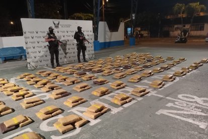 Paquetes de marihuana incautados por la Policía Nacional del Ecuador durante un operativo en la vía a Quinindé. El cargamento supera los 700 kilos.