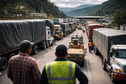 Recreación de filas de camiones se concentran en la frontera tras la entrada en vigencia de los aranceles.