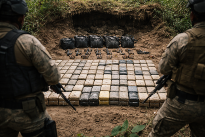 Recreación de un cargamento de droga y armas oculto en una caleta en zona selvática.
