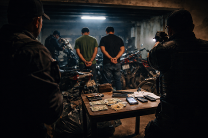 Recreación de un allanamiento nocturno en un inmueble donde se incautaron motocicletas, celulares y dinero vinculados a una presunta red de extorsión.