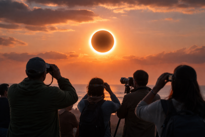 Recreación visual del eclipse solar anular, con observadores de espaldas siguiendo el “anillo de fuego” al atardecer.