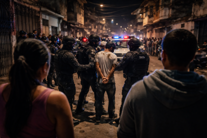 Escena recreada de un operativo nocturno en un barrio urbano, como representación del clima de inseguridad.