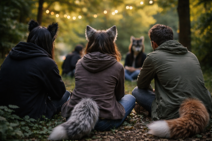 Recreación: jóvenes reunidos al aire libre, de espaldas, comparten un momento de convivencia mientras expresan su identidad con accesorios inspirados en animales.