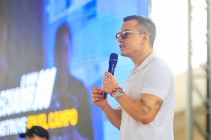 Daniel Noboa, Presidente de Ecuador, durante un evento en Daule este 13 de febrero de 2026.
